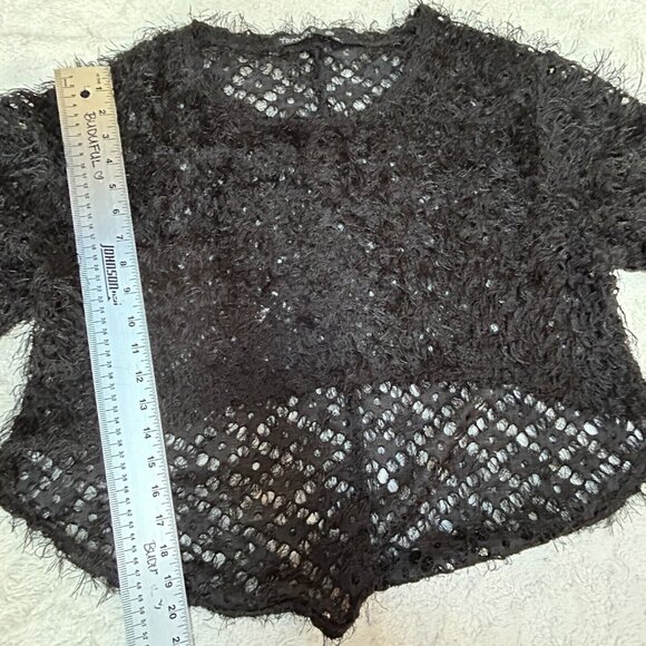 Tara Vao Women's Fuzzy Sweater Medium Open Knit Sheer Faux Fur Black Cozy - Picture 7 of 8